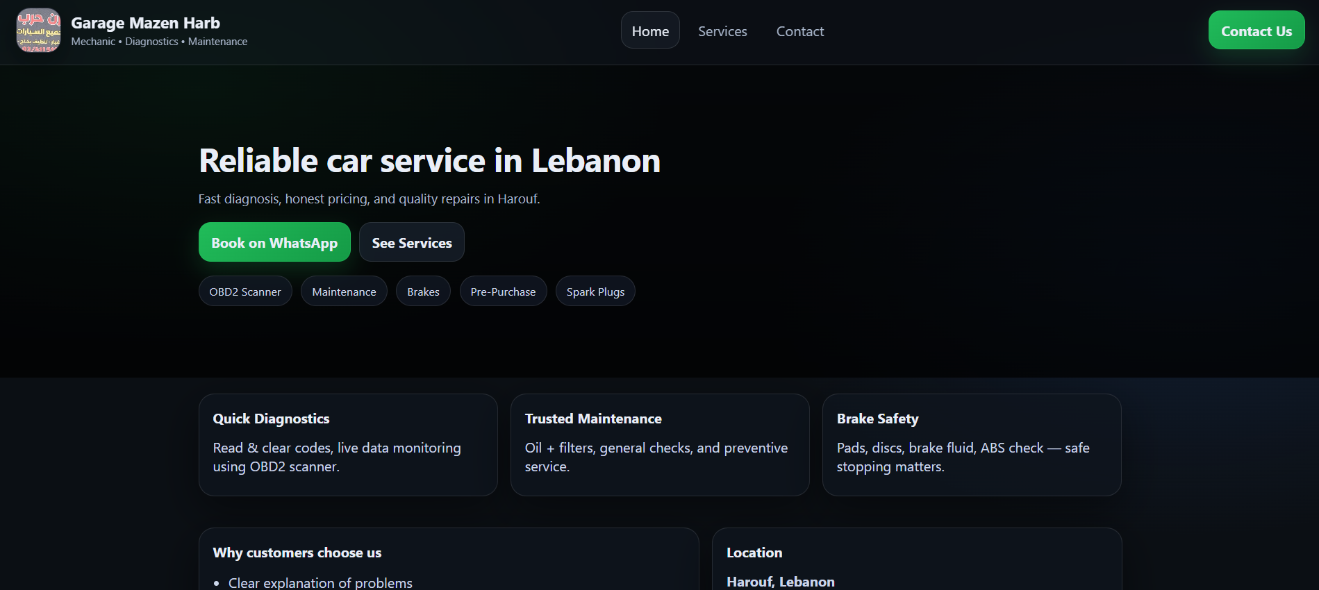 Garage website screenshot